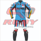 front view of Fermin Aldeguerās 2025 MotoGP Ducati Gresini Racing leather race suit in blue and black, featuring sponsor logos like OLI, Federal Oil, Michelin, and bold āAldeguerā graphics with red and yellow accents.